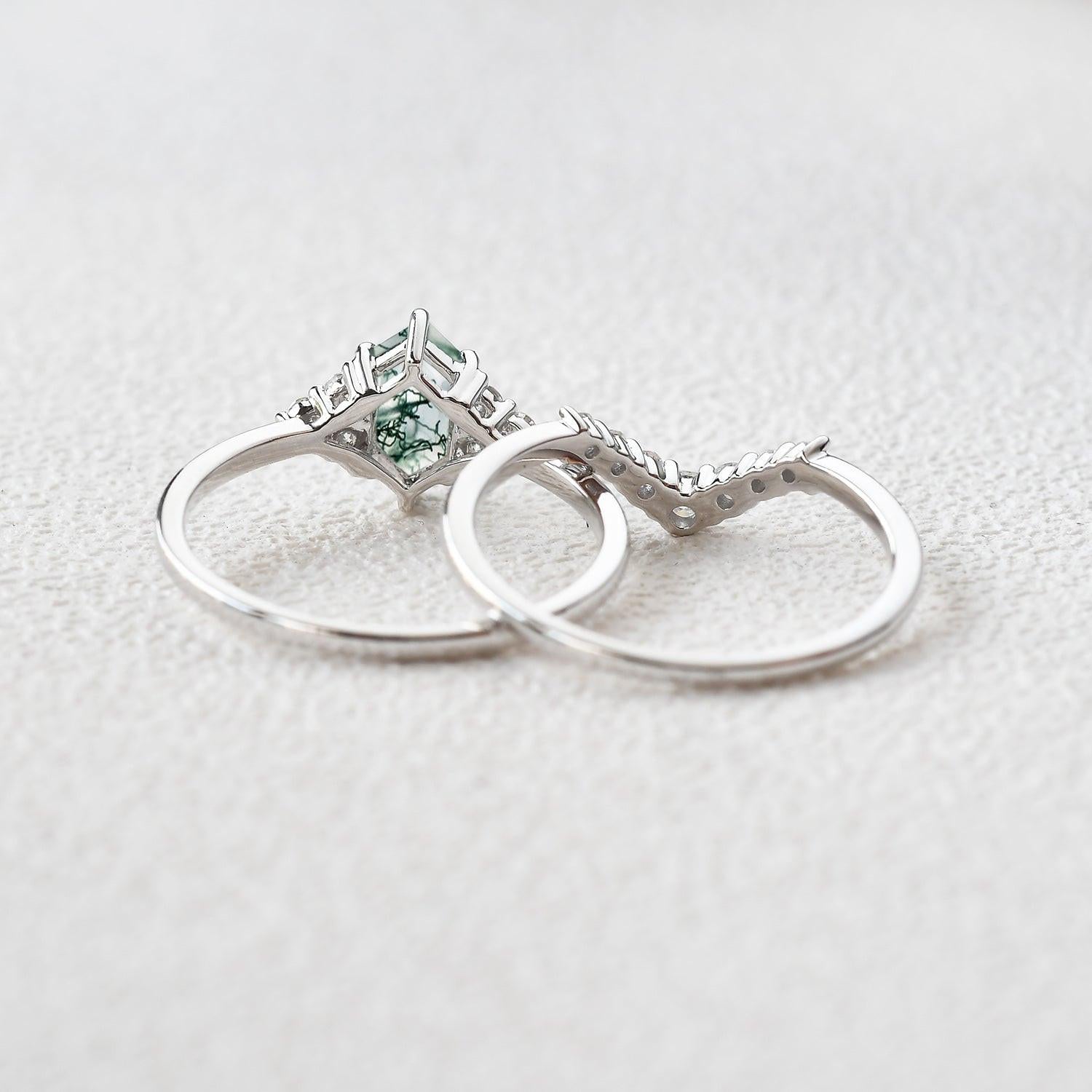 Elara’s Drift | Long Hexagon Moss Agate Stacking Ring Set 2pcs.