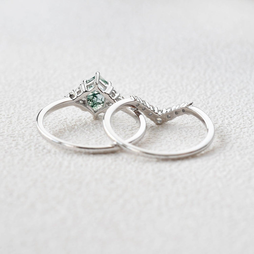 Elara’s Drift | Long Hexagon Moss Agate Stacking Ring Set 2pcs.