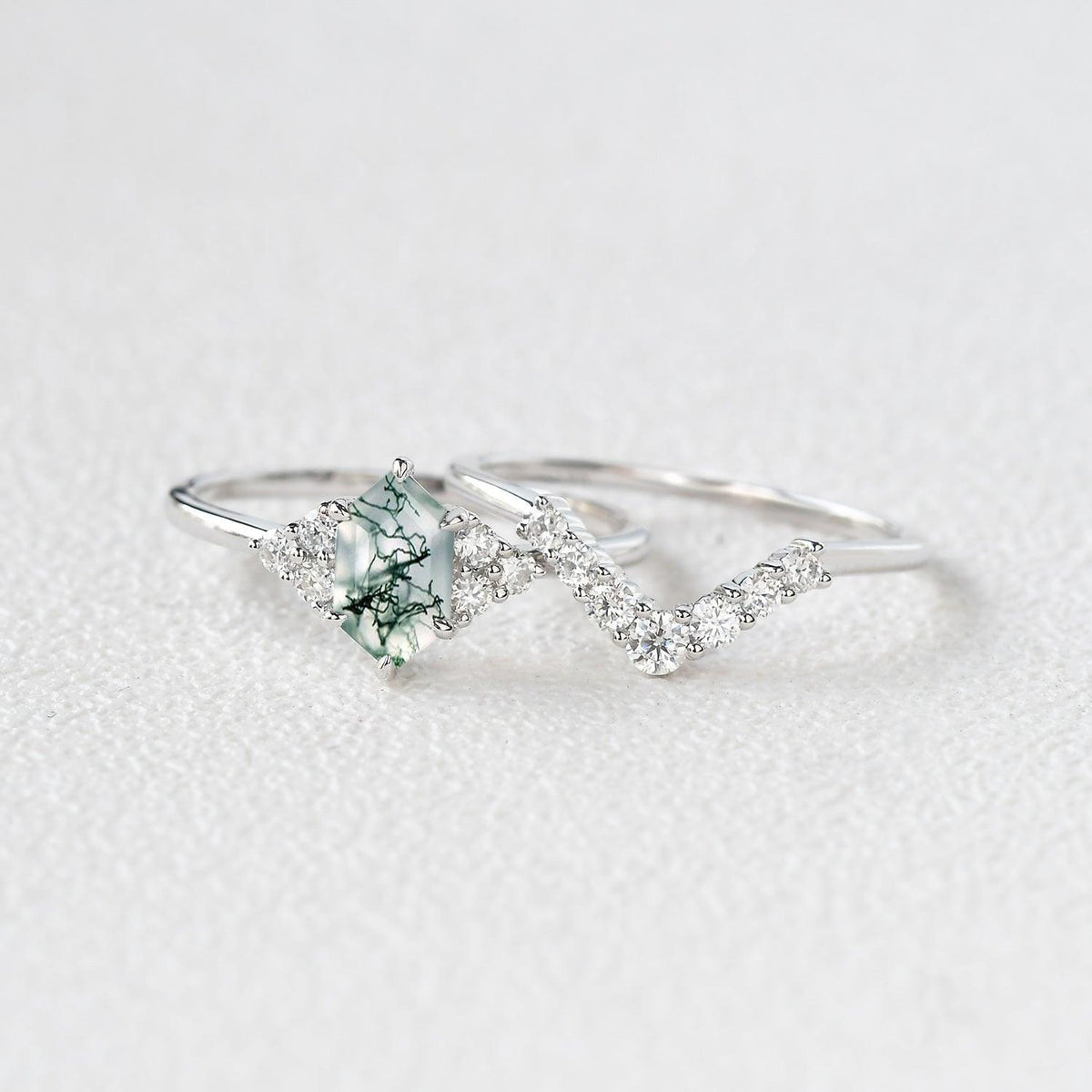 Elara’s Drift | Long Hexagon Moss Agate Stacking Ring Set 2pcs.