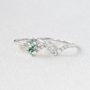 Elara’s Drift | Long Hexagon Moss Agate Stacking Ring Set 2pcs.