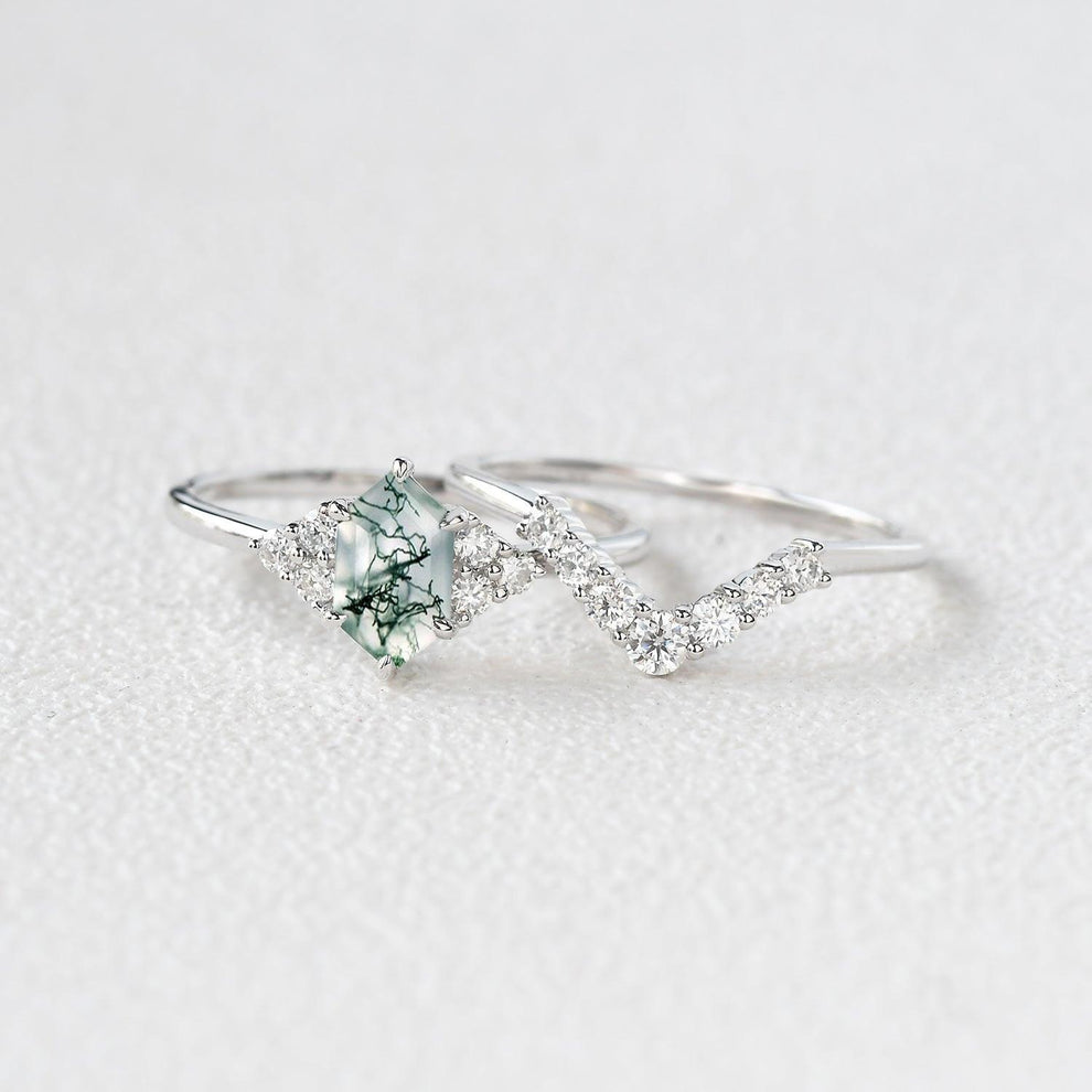 Elara’s Drift | Long Hexagon Moss Agate Stacking Ring Set 2pcs.