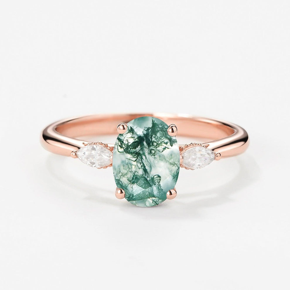 Elara’s Trio | Oval Moss Agate Hidden Halo Engagement Ring.