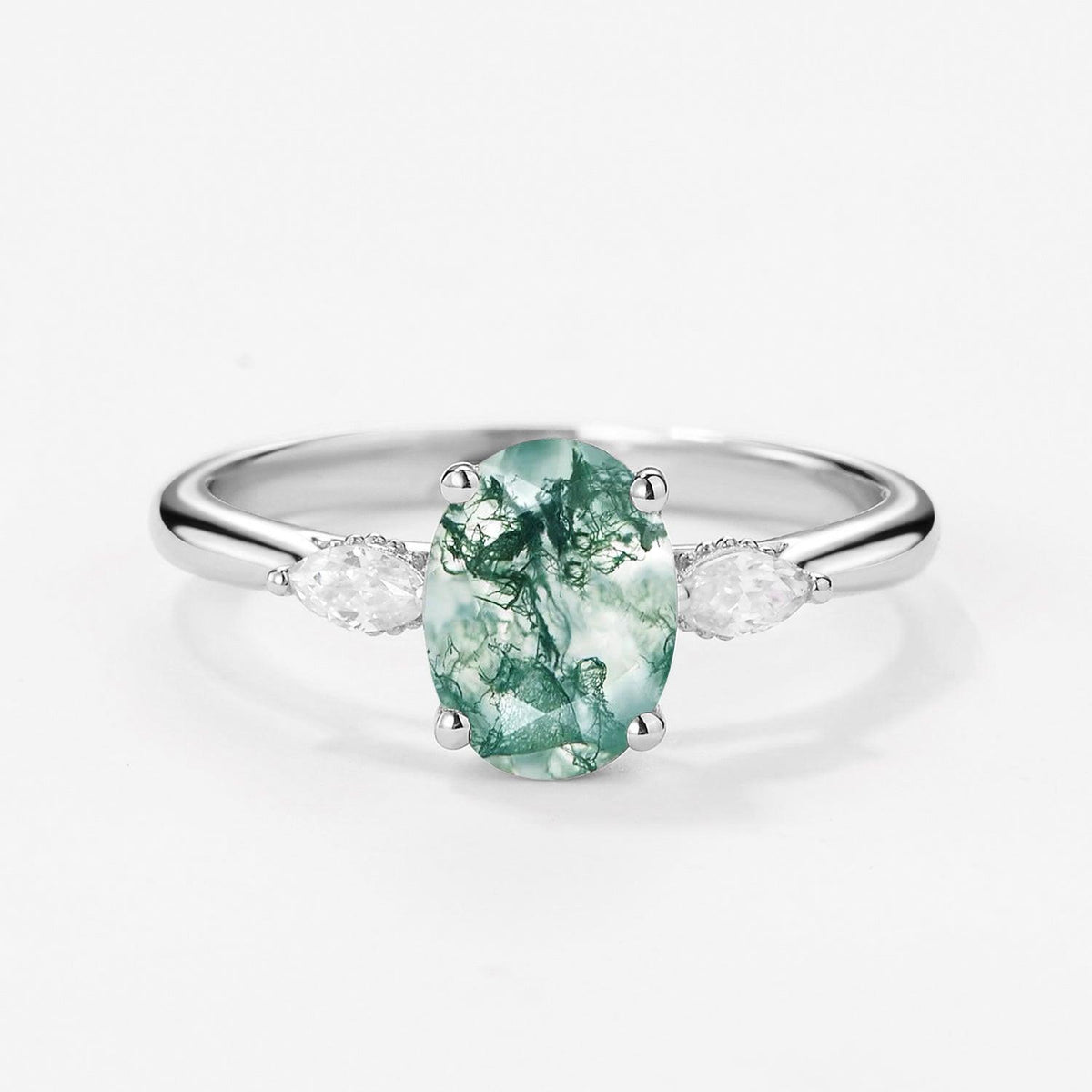 Elara’s Trio | Oval Moss Agate Hidden Halo Engagement Ring.