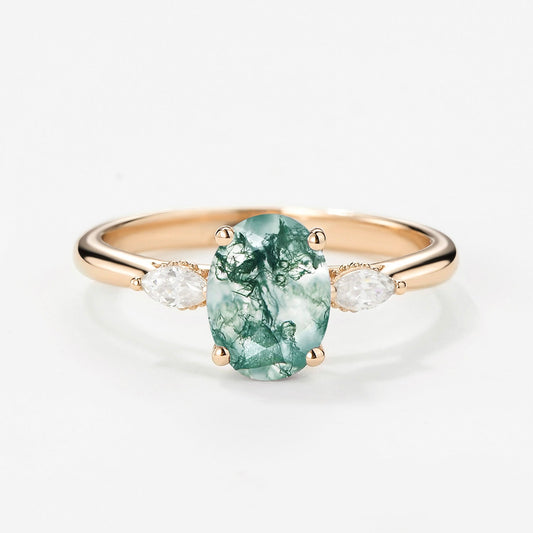 Elara’s Trio | Oval Moss Agate Hidden Halo Engagement Ring