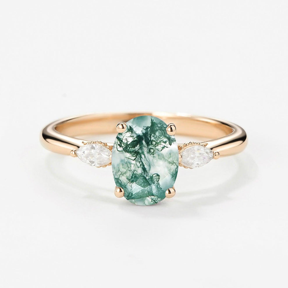Elara’s Trio | Oval Moss Agate Hidden Halo Engagement Ring.