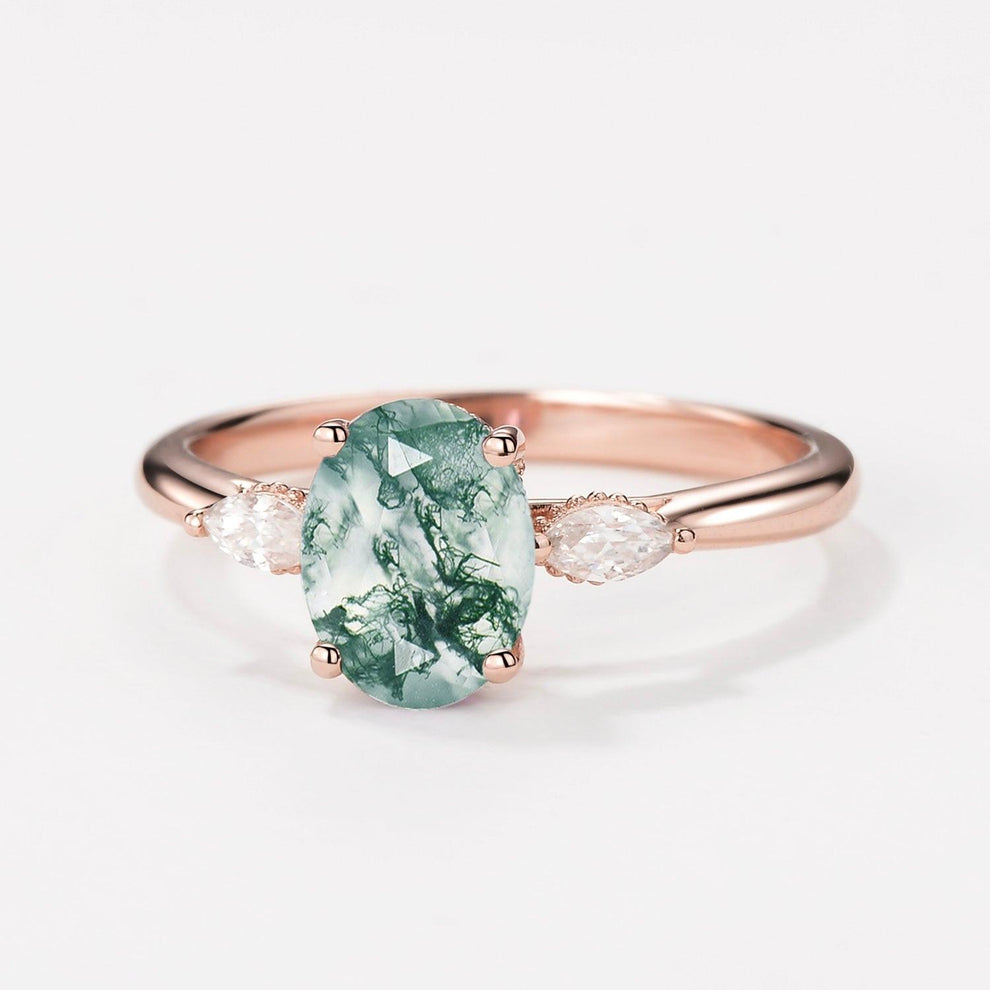 Elara’s Trio | Oval Moss Agate Hidden Halo Engagement Ring.