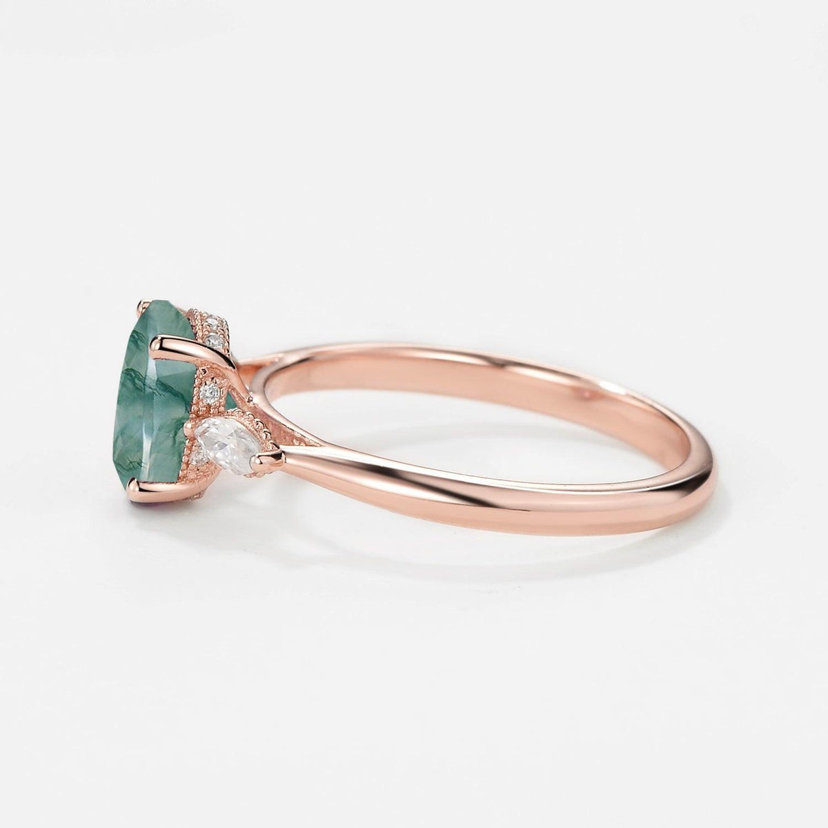 Elara’s Trio | Oval Moss Agate Hidden Halo Engagement Ring.
