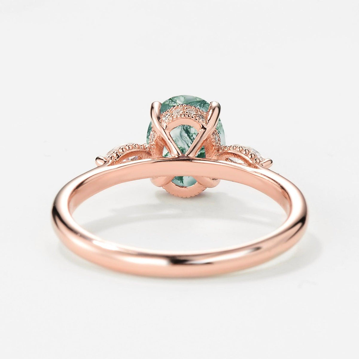 Elara’s Trio | Oval Moss Agate Hidden Halo Engagement Ring.