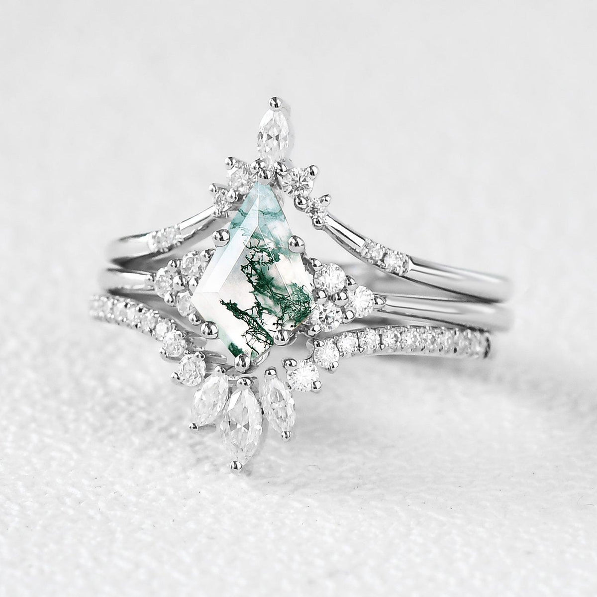 Vivienne’s Trilogy | Vintage Kite Cut Moss Agate Bridal Set 3pcs.
