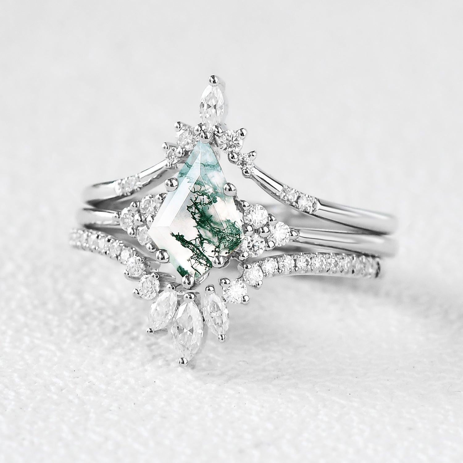 Vivienne’s Trilogy | Vintage Kite Cut Moss Agate Bridal Set 3pcs.