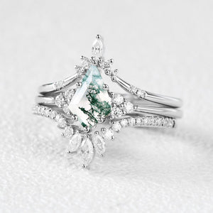 Vivienne’s Trilogy | Vintage Kite Cut Moss Agate Bridal Set 3pcs.