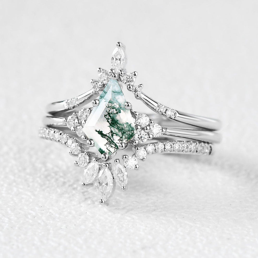 Vivienne’s Trilogy | Vintage Kite Cut Moss Agate Bridal Set 3pcs.