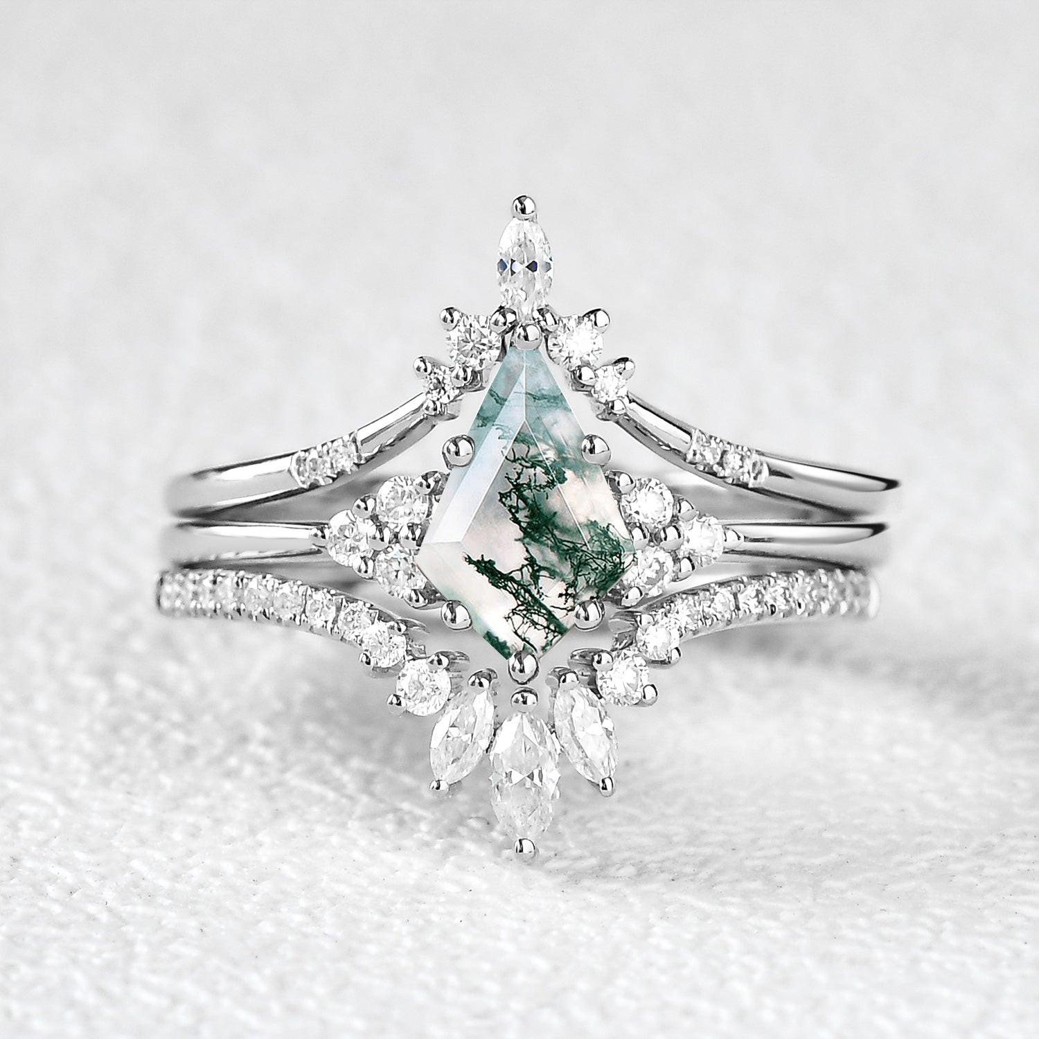 Vivienne’s Trilogy | Vintage Kite Cut Moss Agate Bridal Set 3pcs.
