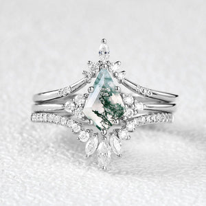 Vivienne’s Trilogy | Vintage Kite Cut Moss Agate Bridal Set 3pcs.