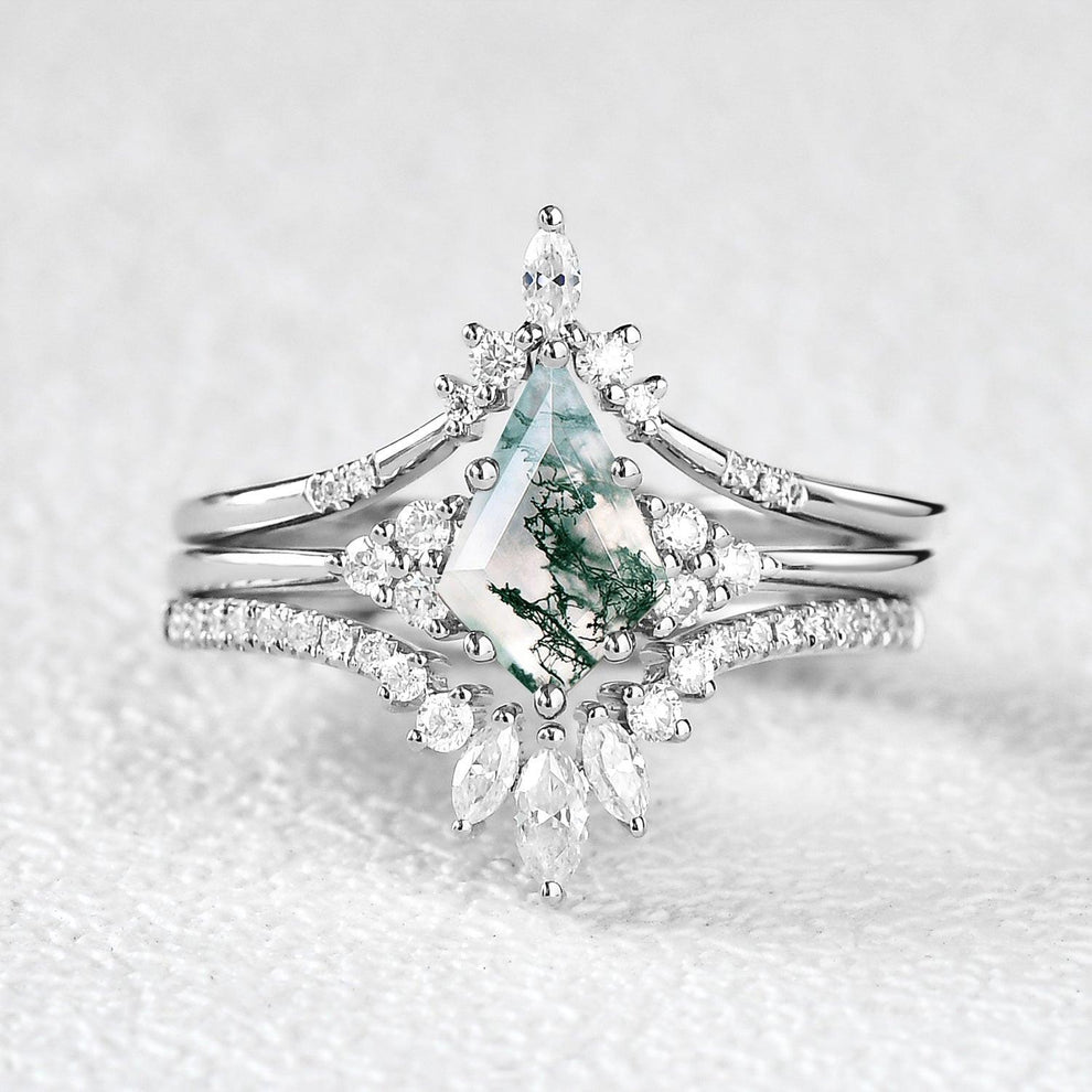 Vivienne’s Trilogy | Vintage Kite Cut Moss Agate Bridal Set 3pcs.