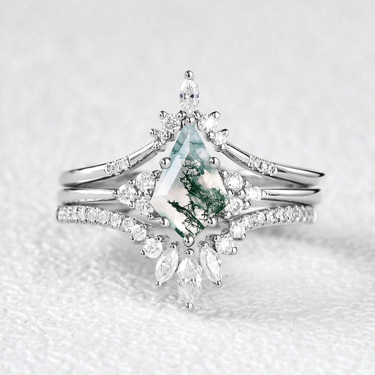 Vivienne’s Trilogy | Vintage Kite Cut Moss Agate Bridal Set 3pcs.
