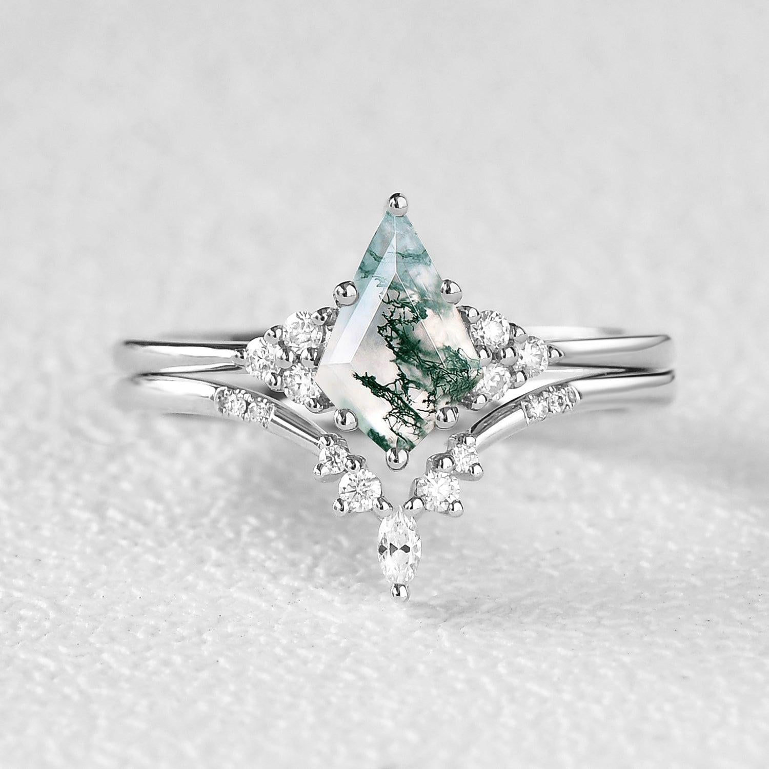 Curved Moss Agate Engagement Ring Set 2pcs.