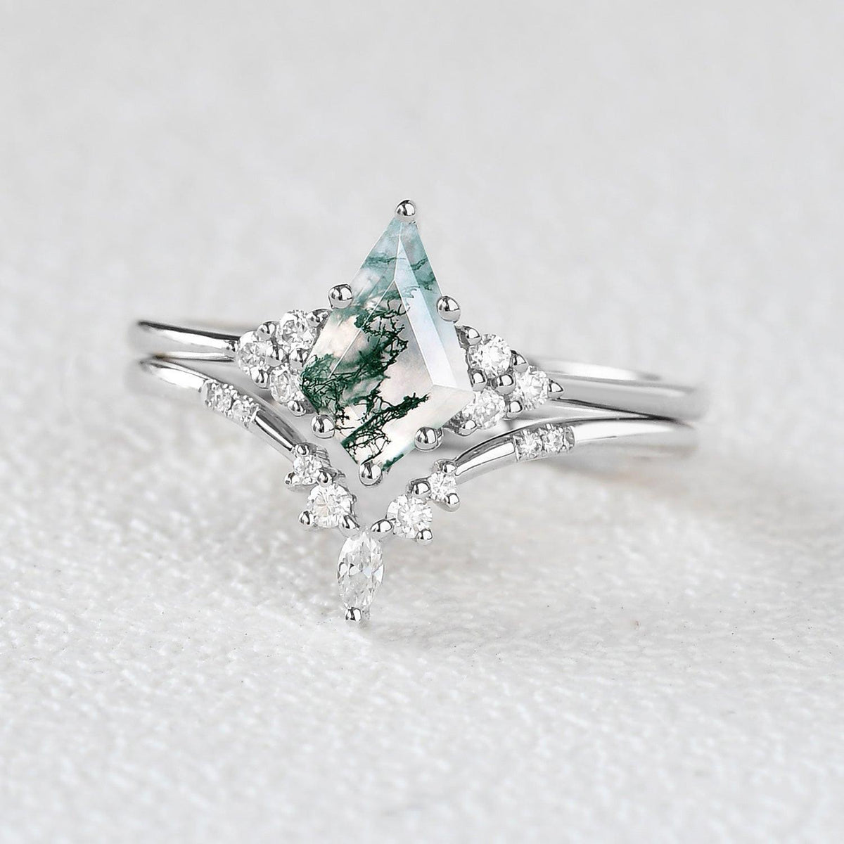 Curved Moss Agate Engagement Ring Set 2pcs.