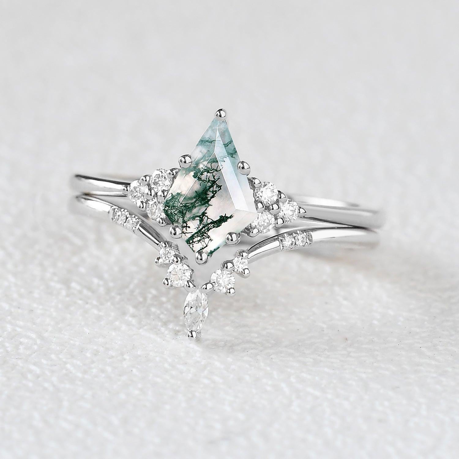 Curved Moss Agate Engagement Ring Set 2pcs.