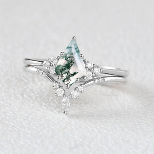 Curved Moss Agate Engagement Ring Set 2pcs.