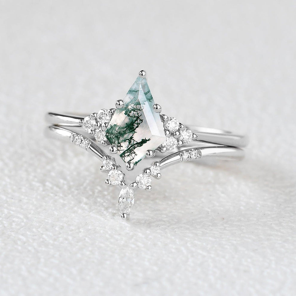 Curved Moss Agate Engagement Ring Set 2pcs.