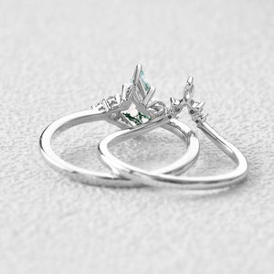 Curved Moss Agate Engagement Ring Set 2pcs.