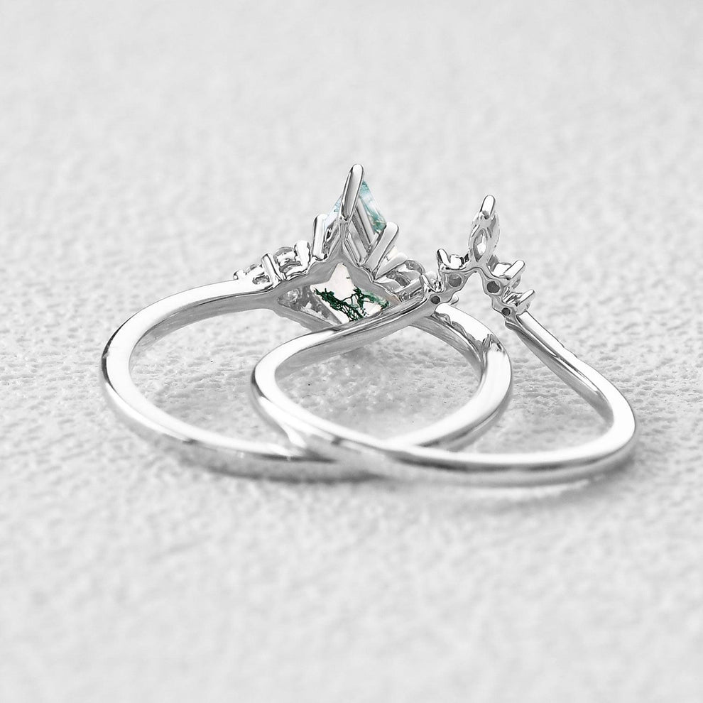 Curved Moss Agate Engagement Ring Set 2pcs.