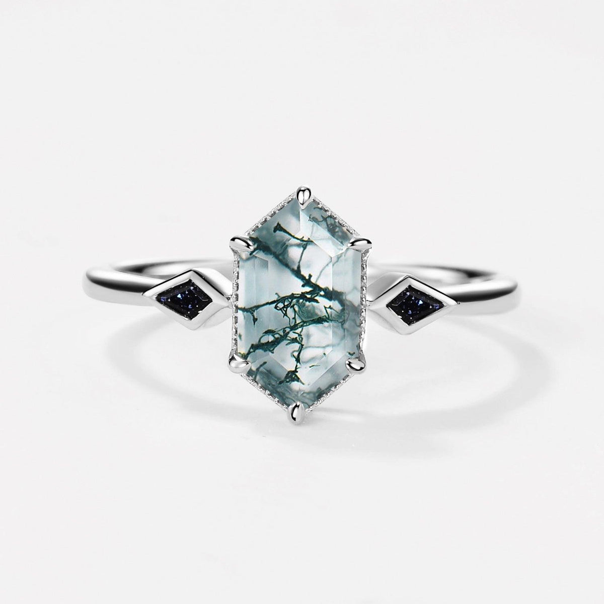 Three Stone Hexagon Moss Agate & Kite Blue Sandstone Engagement Ring.