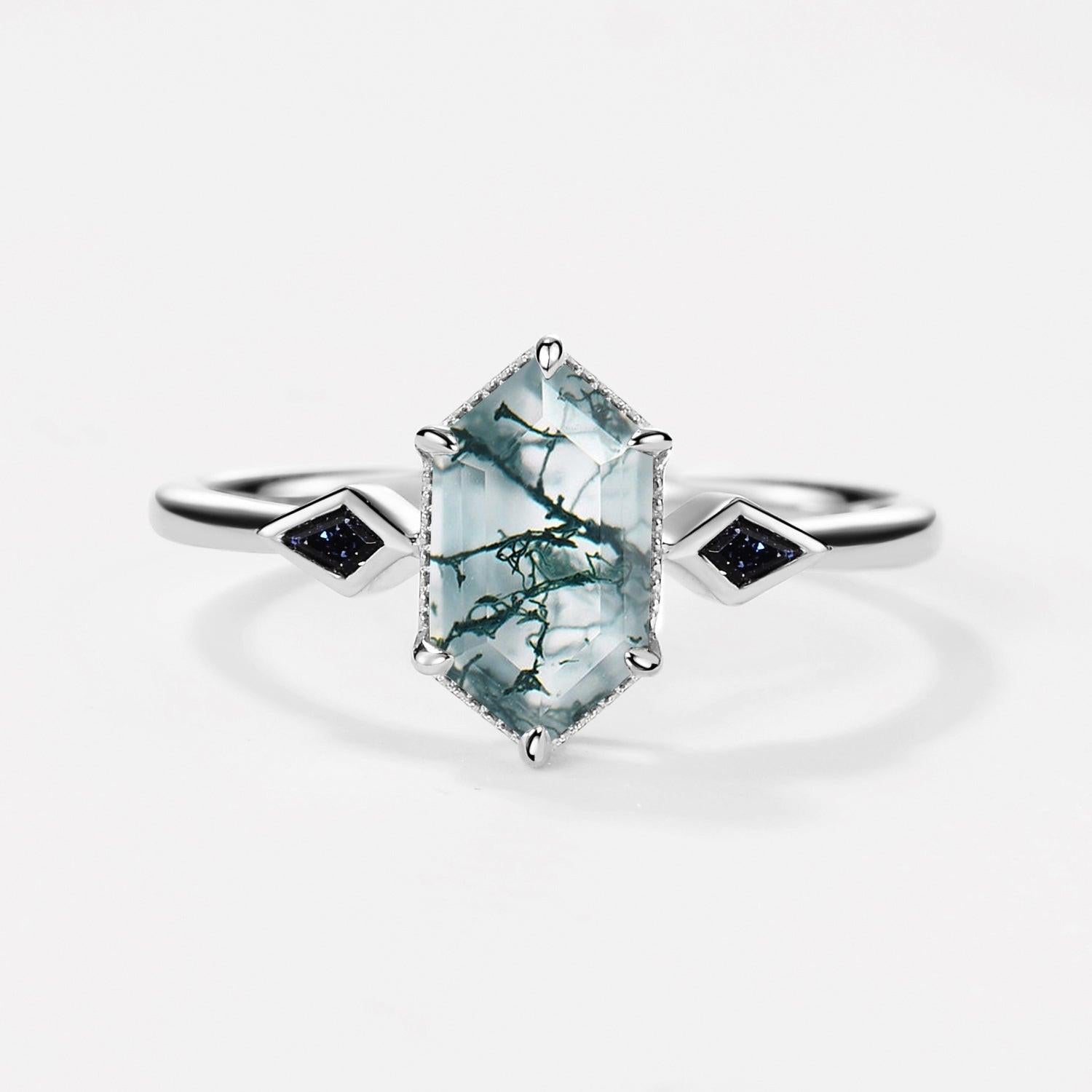 Three Stone Hexagon Moss Agate & Kite Blue Sandstone Engagement Ring.