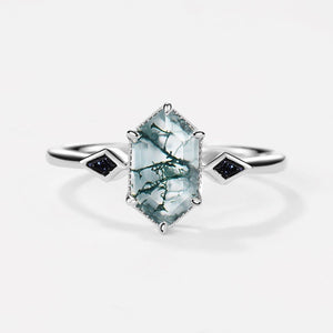 Three Stone Hexagon Moss Agate & Kite Blue Sandstone Engagement Ring.