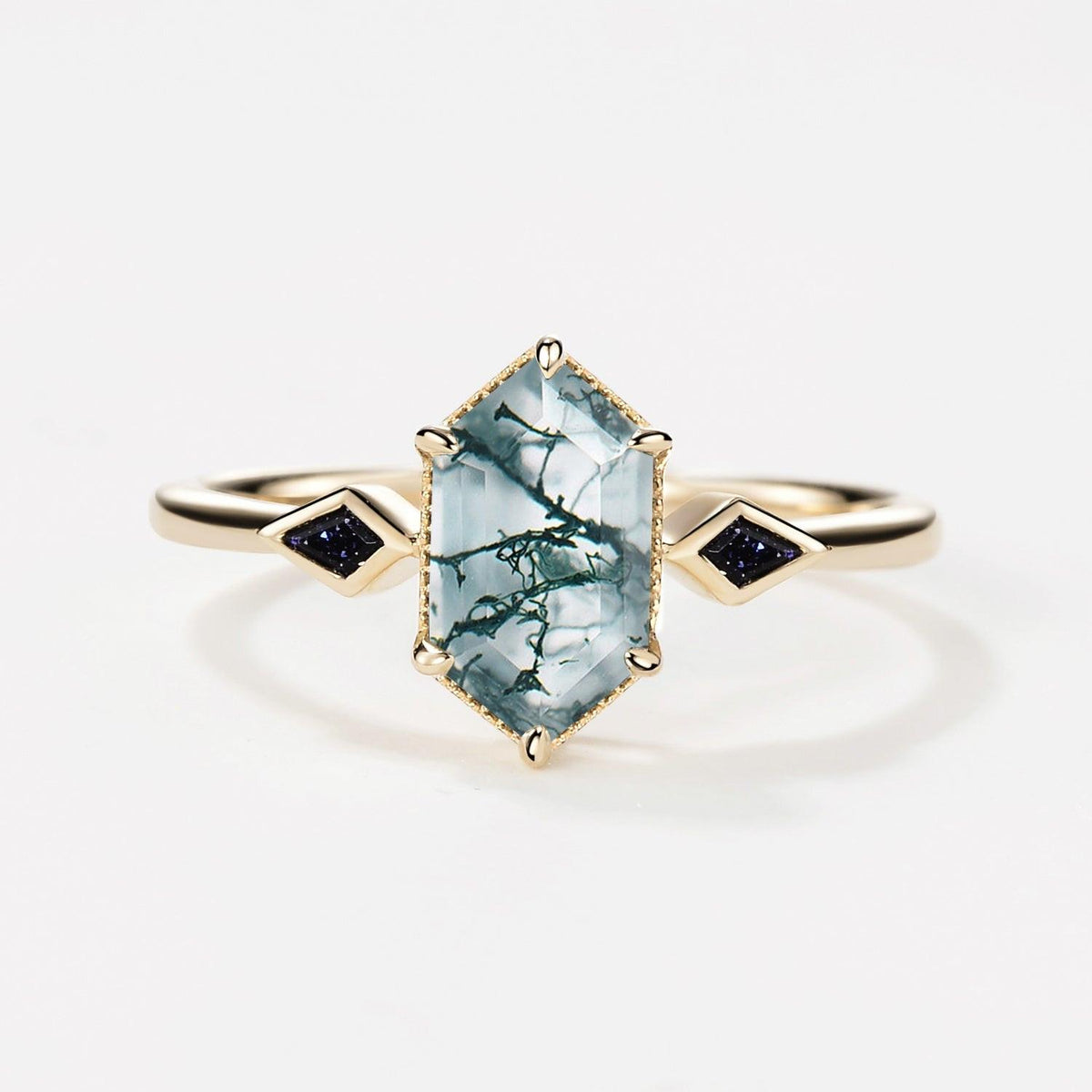 Three Stone Hexagon Moss Agate & Kite Blue Sandstone Engagement Ring.