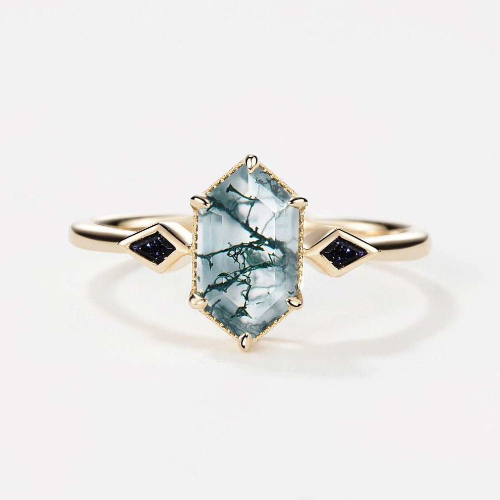 Three Stone Hexagon Moss Agate & Kite Blue Sandstone Engagement Ring.