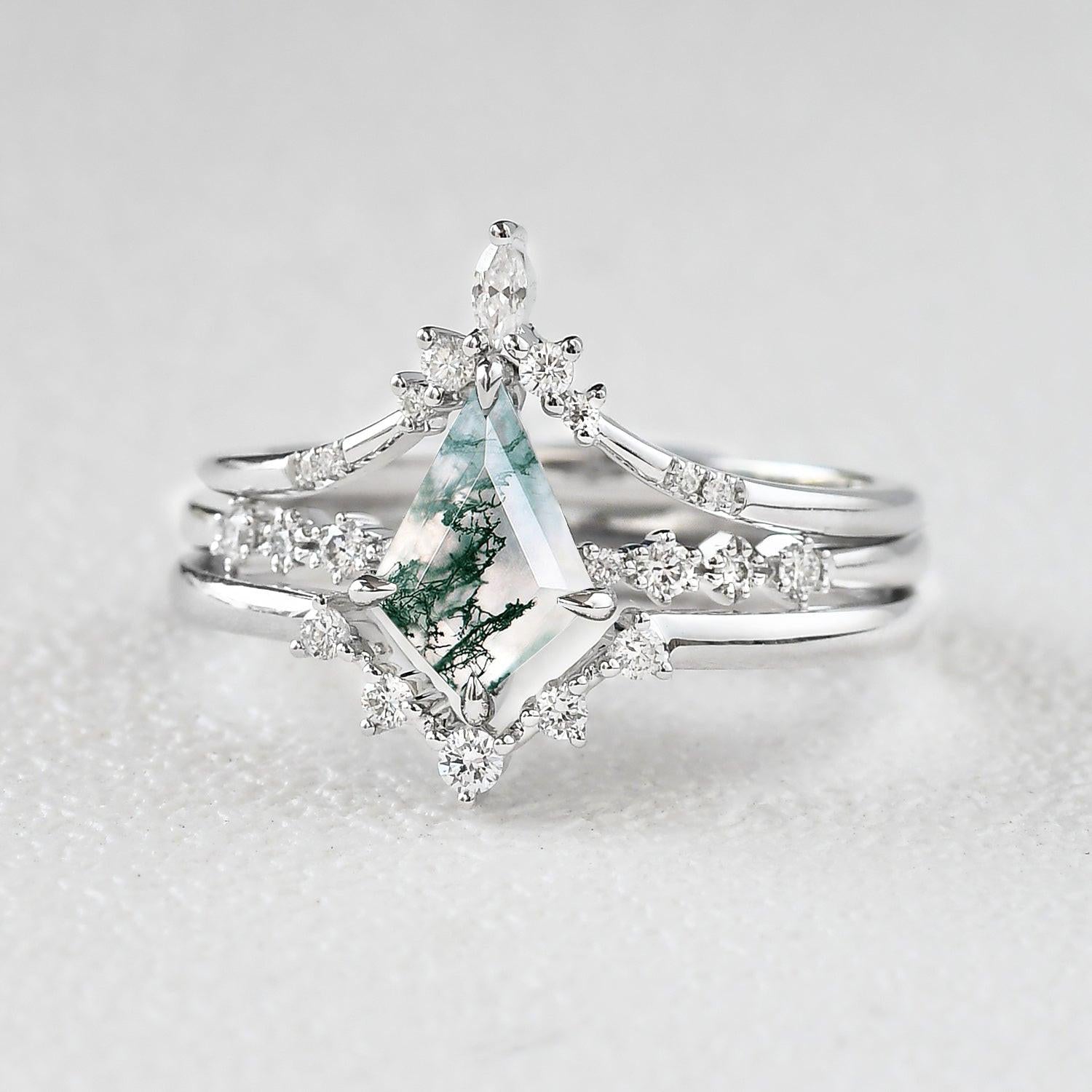 1.5ct Vintage Moss Agate Engagement Ring Set 3pcs.