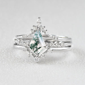 1.5ct Vintage Moss Agate Engagement Ring Set 3pcs.