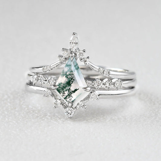 1.5ct Vintage Moss Agate Engagement Ring Set 3pcs.