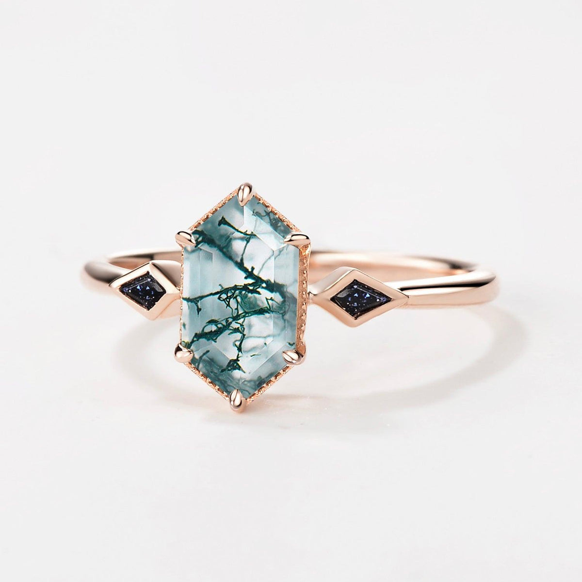 Three Stone Hexagon Moss Agate & Kite Blue Sandstone Engagement Ring.