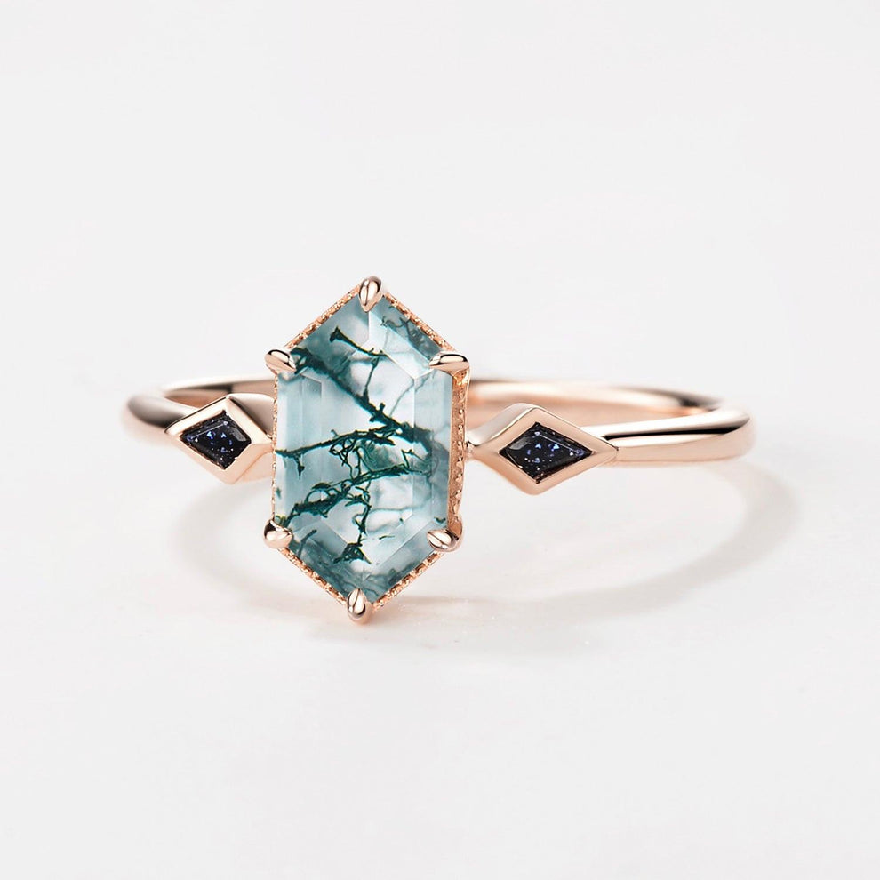 Three Stone Hexagon Moss Agate & Kite Blue Sandstone Engagement Ring.
