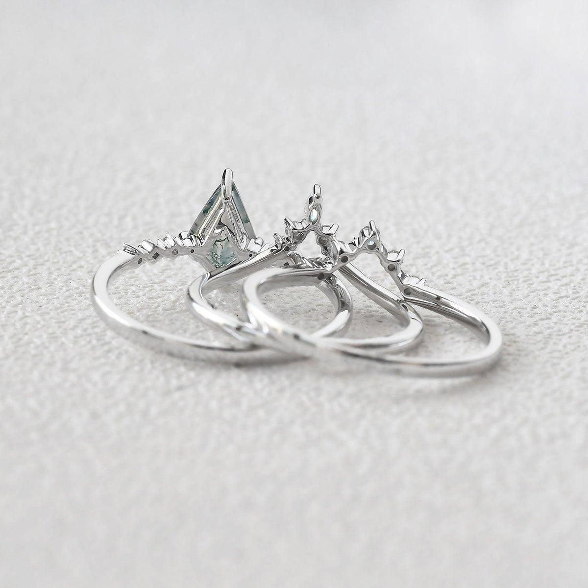 1.5ct Vintage Moss Agate Engagement Ring Set 3pcs.