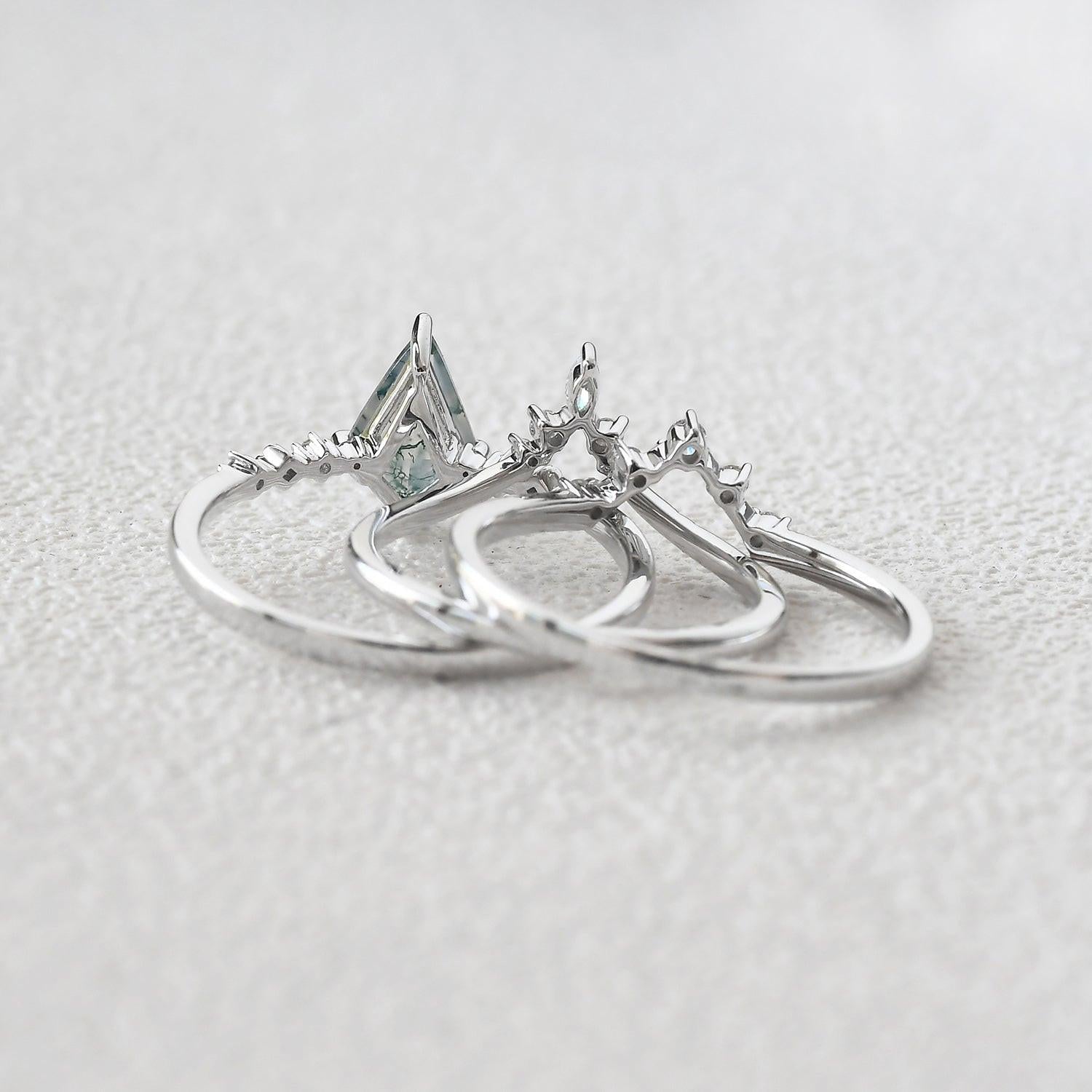 1.5ct Vintage Moss Agate Engagement Ring Set 3pcs.