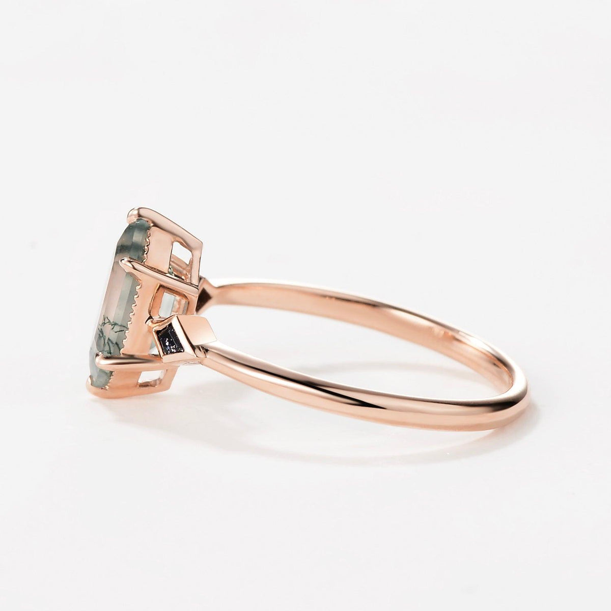 Three Stone Hexagon Moss Agate & Kite Blue Sandstone Engagement Ring.