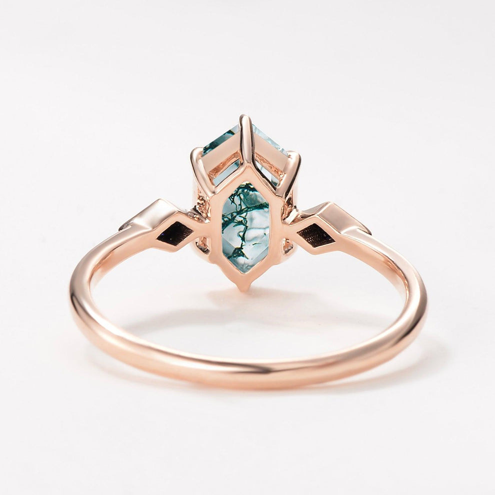 Three Stone Hexagon Moss Agate & Kite Blue Sandstone Engagement Ring.