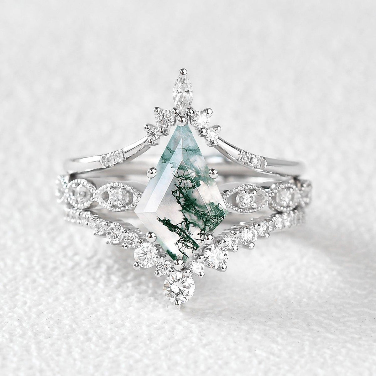 Vintage Kite Cut Moss Agate Engagement Ring Set 3pcs.
