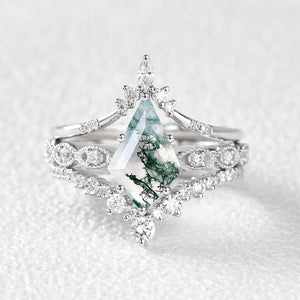 Vintage Kite Cut Moss Agate Engagement Ring Set 3pcs.