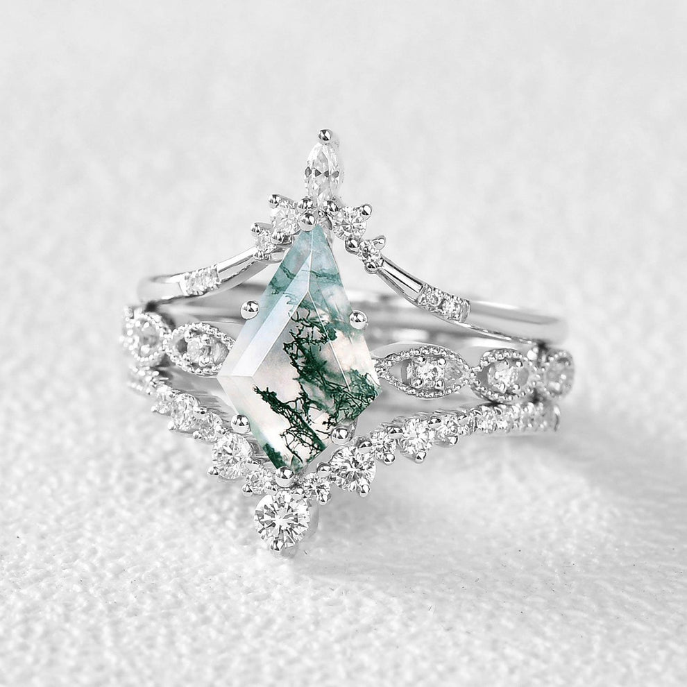 Vintage Kite Cut Moss Agate Engagement Ring Set 3pcs.