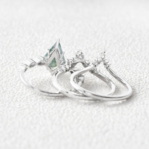 Vintage Kite Cut Moss Agate Engagement Ring Set 3pcs.