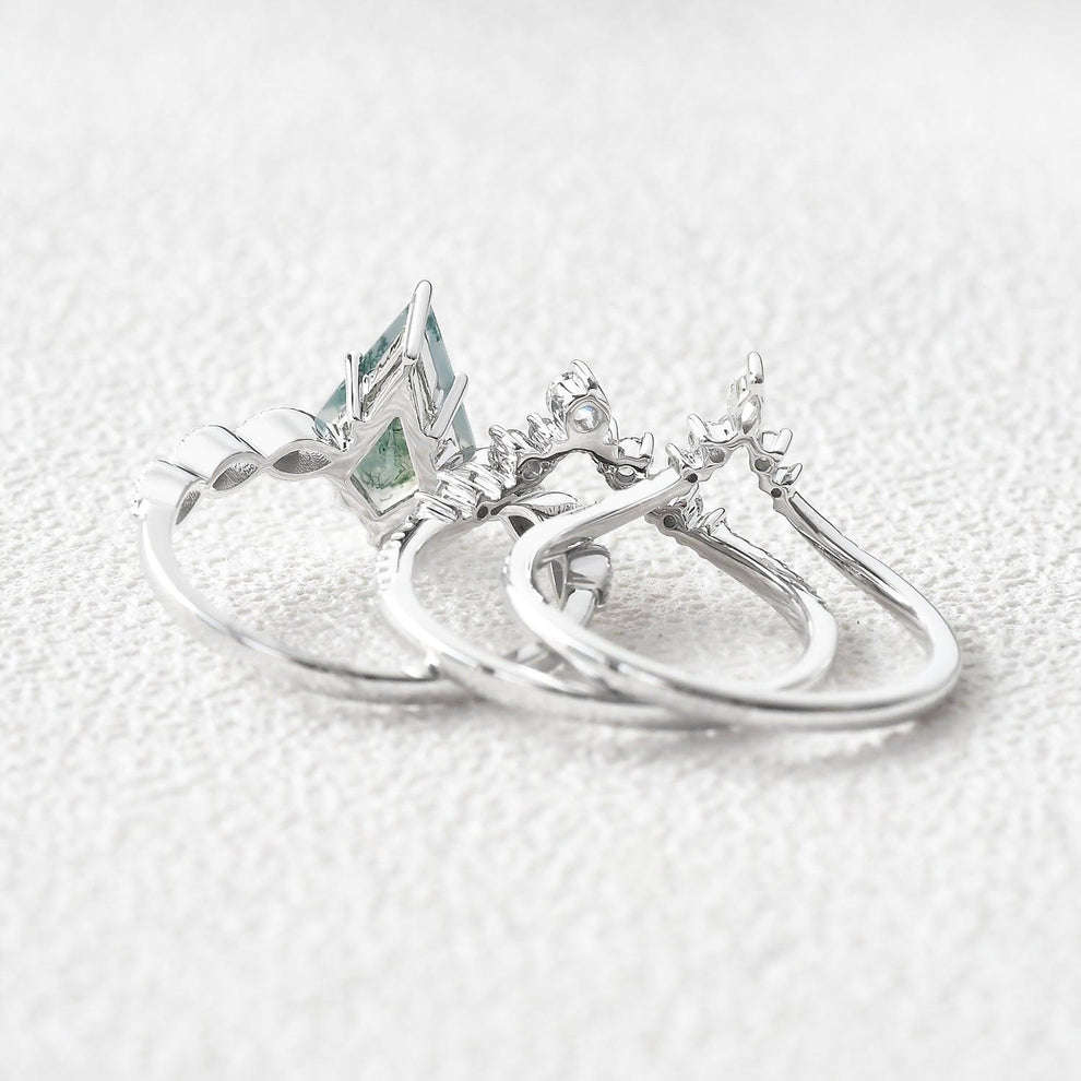Vintage Kite Cut Moss Agate Engagement Ring Set 3pcs.