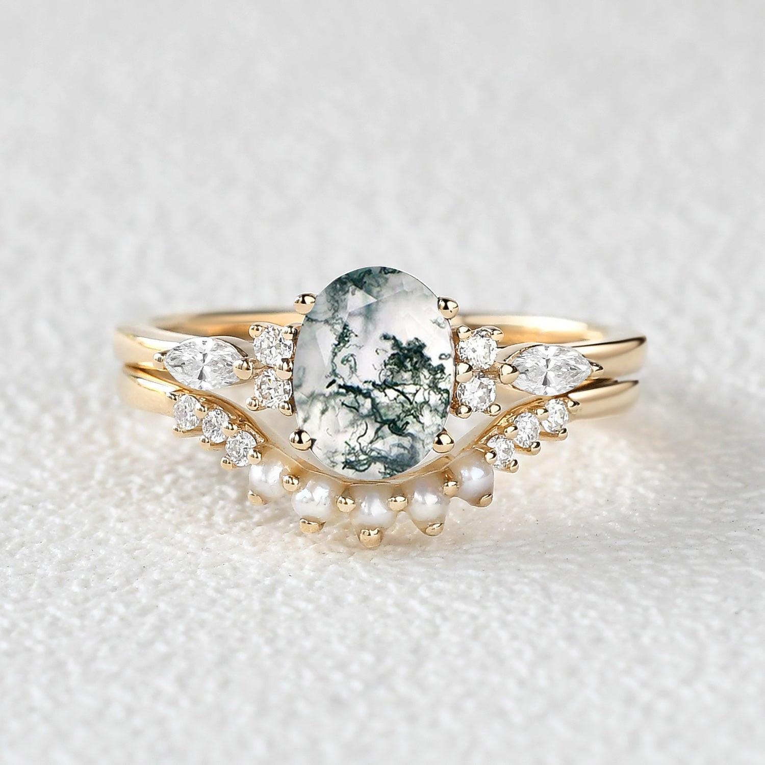 1.5ct Oval Cut Moss Agate & Pearl Engagement Ring Set 2pcs.