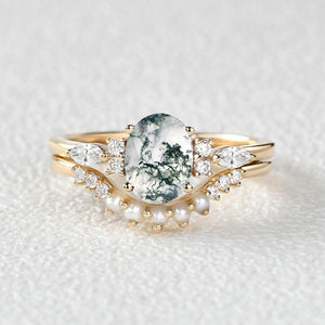 1.5ct Oval Cut Moss Agate & Pearl Engagement Ring Set 2pcs.