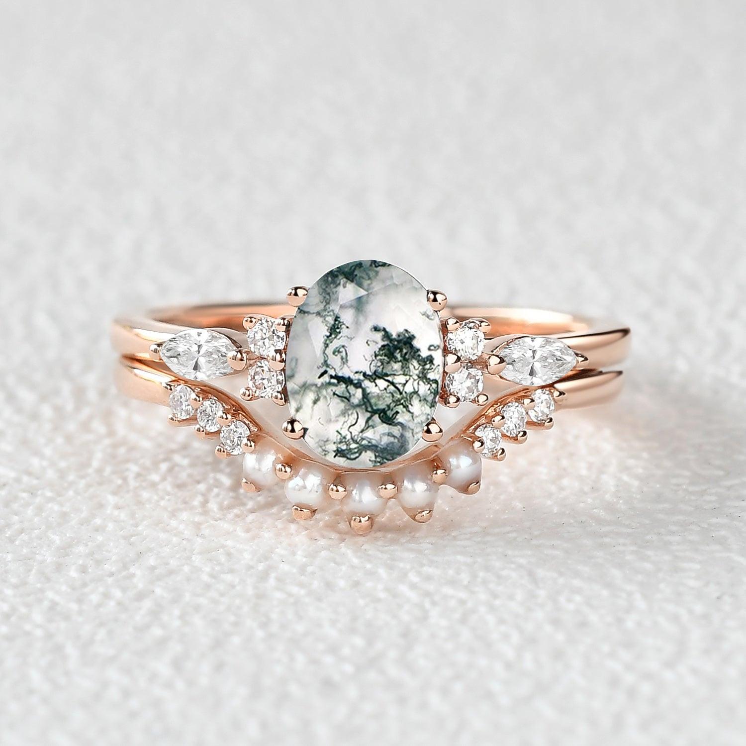 1.5ct Oval Cut Moss Agate & Pearl Engagement Ring Set 2pcs.