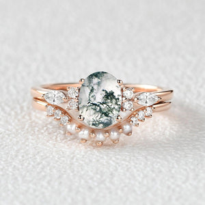 1.5ct Oval Cut Moss Agate & Pearl Engagement Ring Set 2pcs.